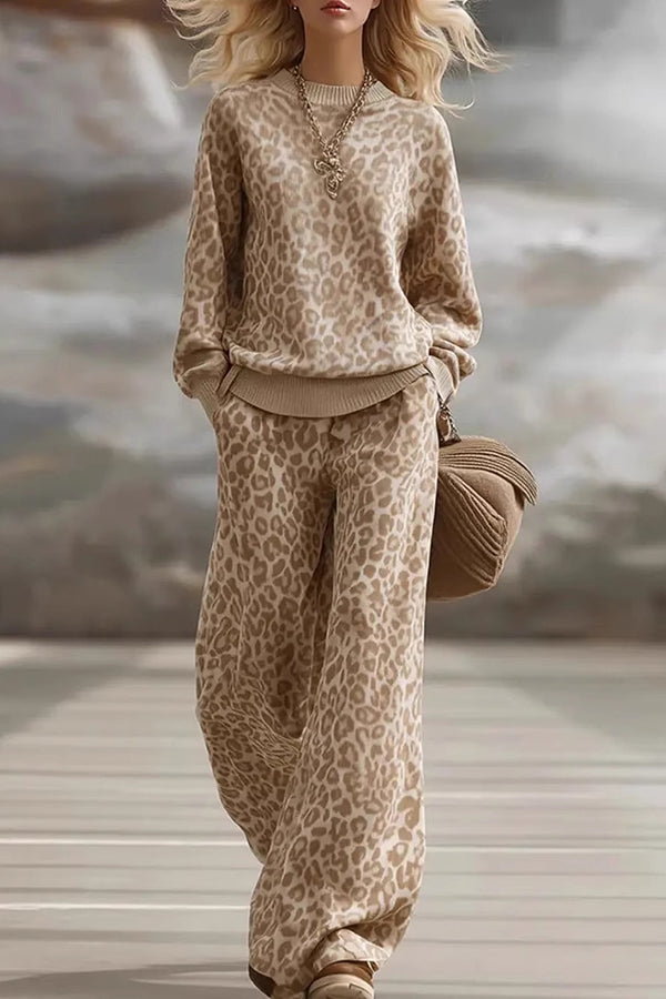 Leopard Print Loose Long-sleeved Top and Casual Pocket Straight-leg Pants Set