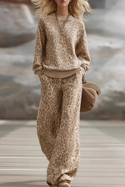 Leopard Print Loose Long-sleeved Top and Casual Pocket Straight-leg Pants Set