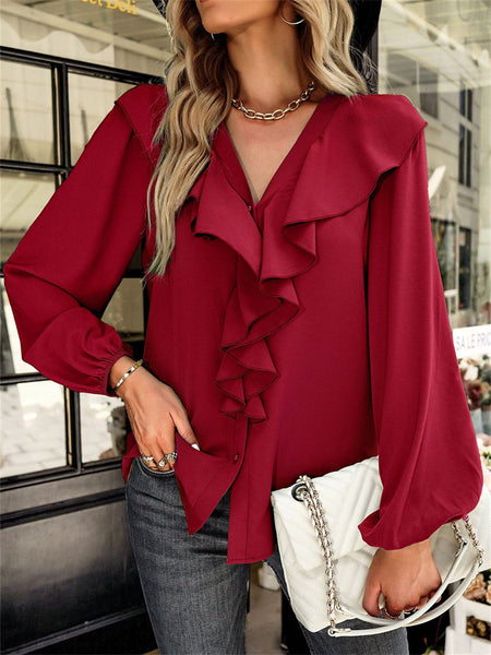 Temperament Commuter Solid Color Long-sleeved Slim Type Comfortable and Elegant V-neck Shirt Spring and Autumn Four Seasons Models Tops Female Kmmey
