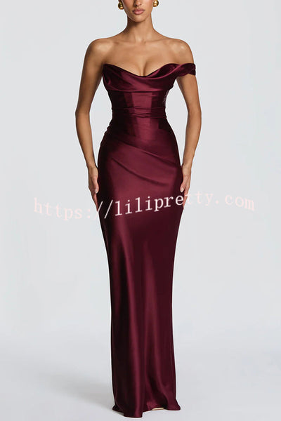 Thalassa Satin One Shoulder Scooped Neck Bias Cut Pleated Maxi Dress
