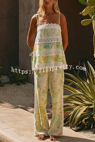 Summer Elegant Printed Curved Crochet Trim Camisole Top and Elastic Waist Casual Pocket Wide-leg Pants Set