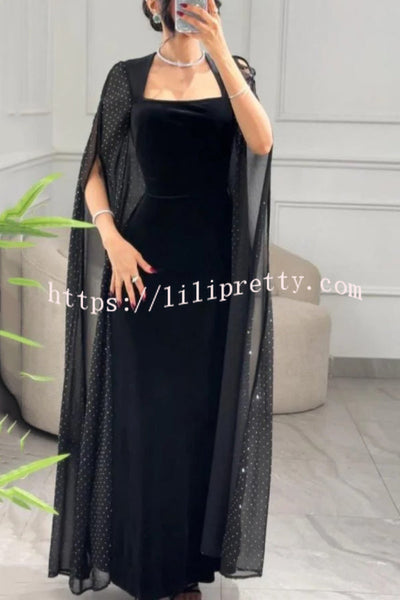 Solid Color Velvet Square Neck Slim Fit Rhinestone Maxi Dress