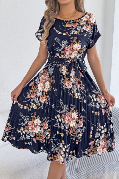 Floral Print Round Neck Fitted Waist Tie Pleated Midi Dress