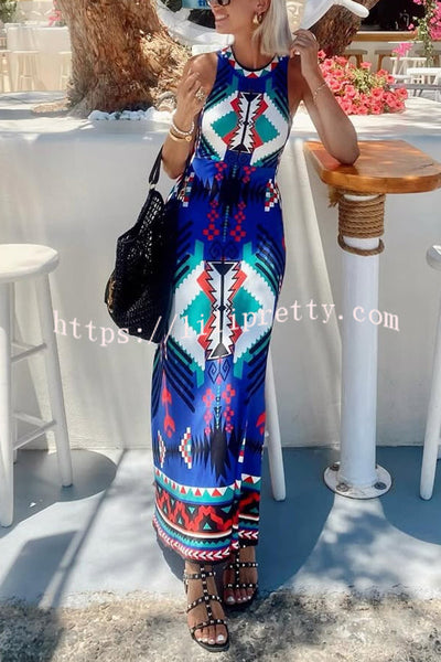 Unique Printed Round Neck Sleeveless Holiday Maxi Dress