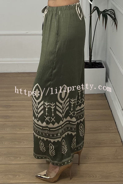 Unique Print Elastic Waist Casual Pocket Wide Leg Pants