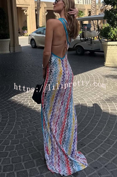Ivanie Knit Colorful Zigzag Pattern One Shoulder Cutout Slit Maxi Dress