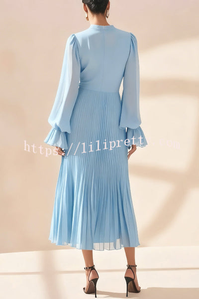 Solid Color Round Neck Long Sleeve Fitted Waist Pleated Ruffle Midi Dress