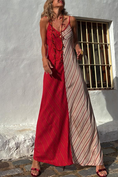 Fashionable Splicing V-neck Suspenders Loose Maxi Dress