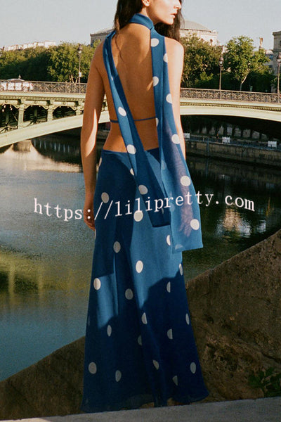 Fashion Polka Dot Print Sexy Halter Neck Backless Maxi Dress