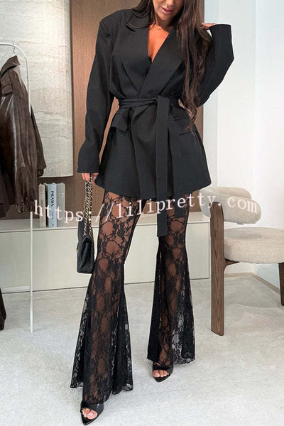 Chic Moment Floral Lace High Rise Elastic Waist Fishtail Hem Stretch Pants