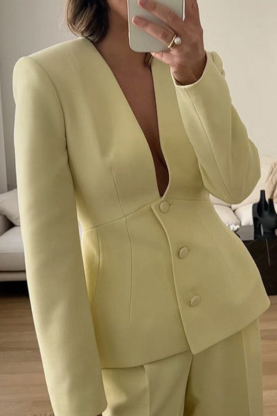 Solid Color Long-sleeved V-neck Button Casual Blazer