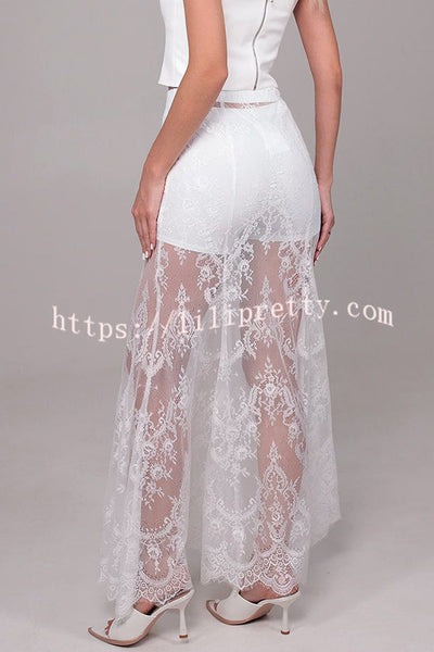 Queen Time Court-style Lace High Rise Elastic Waist Flare Maxi Skirt