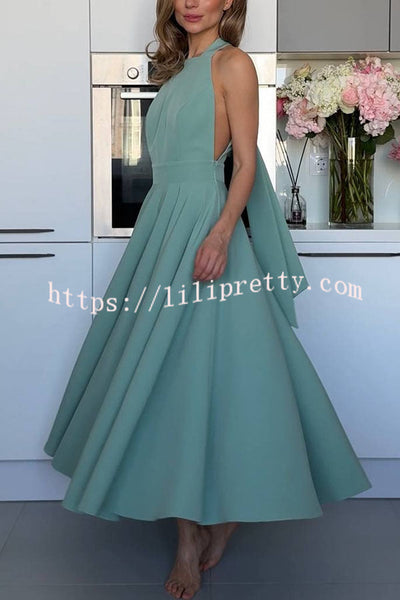 Extremely Elegant Square Collar Back Tie-up Umbrella Hem Midi Drerss