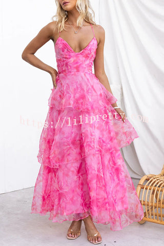 Elinor Chiffon Floral Print Elastic Back Lace-up Ruffle Maxi Dress