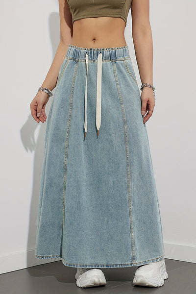 Fashion Elastic Waist Drawstring Casual Pocket Denim Maxi Skirt