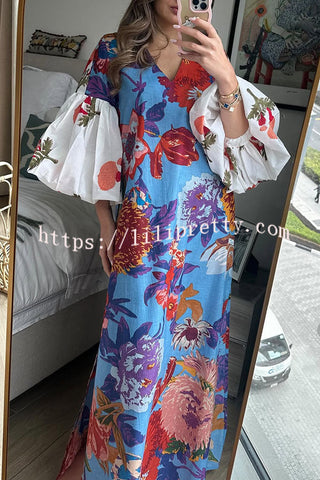 Jaylah Linen Blend Unique Print Contrast Color Puff Sleeve Maxi Dress