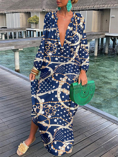 Fashion Painting Print V-neck Colorful Single-row Multi-button Button Loose Long-sleeved Long Oversized Hem Dress Dress Women