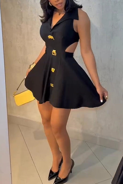 Fashion Sleeveless Lapel Metal Button Waist Cutout Mini Dress