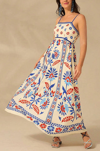Unique Printed Sling Back Pleated Loose Holiday Maxi Dress
