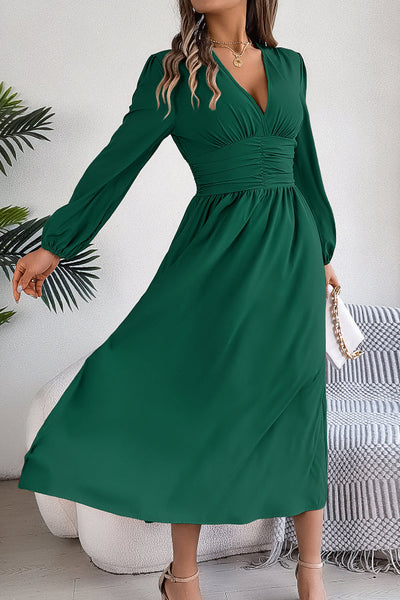 Solid Color V-neck Long-sleeved Fitted Waist Slit Elegant Midi Dress