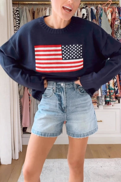 Flag Pattern Knitted Casual Crewneck Long Sleeve Sweater