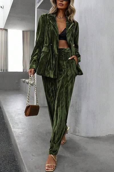 Solid Color Velvet Loose Long-sleeved Top and Elastic Waist Pocket Casual Straight-leg Pants Set