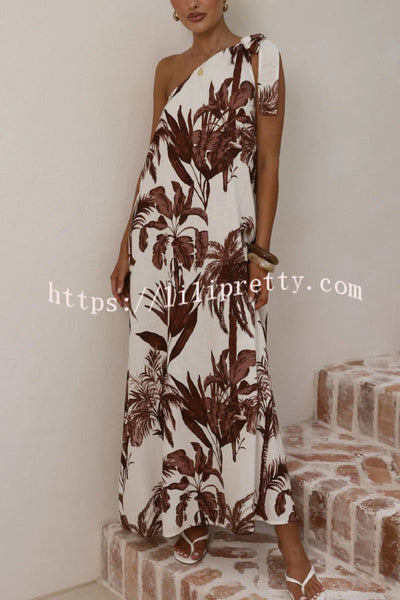 Botanical Print Sleeveless One-shoulder Casual Vacation Maxi Dress