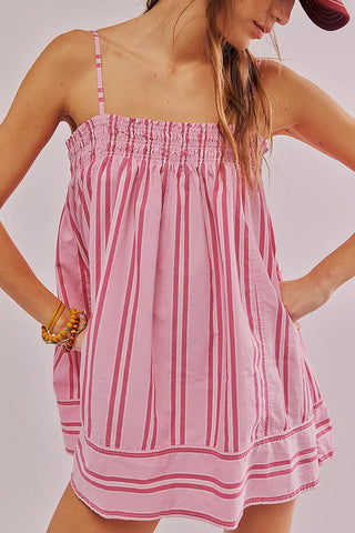 Striped Print Suspender Loose Pocket Top and Elastic Waist Casual Shorts Set