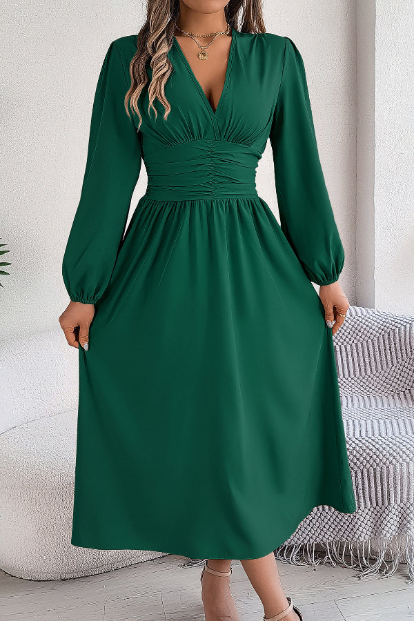 Solid Color V-neck Long-sleeved Fitted Waist Slit Elegant Midi Dress