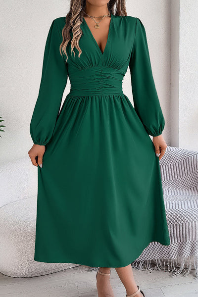 Solid Color V-neck Long-sleeved Fitted Waist Slit Elegant Midi Dress