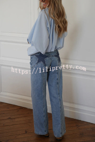 Stylish Denim Colorblock Star Patterned Mid Waist Pocket Wide Leg Jeans