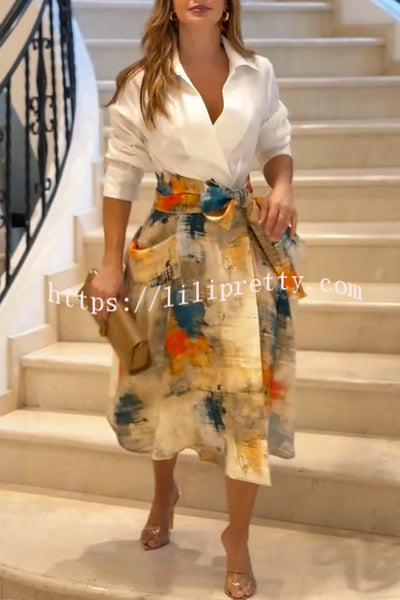 Jiles Linen Blend Unique Contrast Print Long Sleeve Tie-up Pocket Shirt Midi Dress
