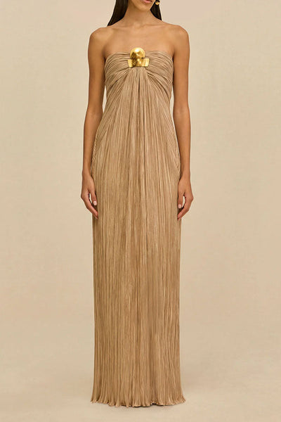 Golden Hour Metallic Pleated Strapless Maxi Dress