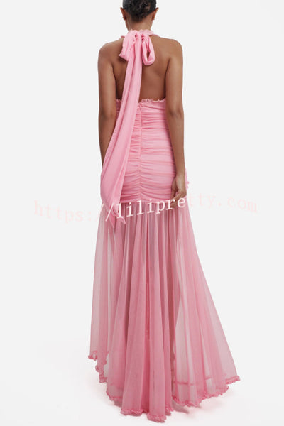 Elegant V-neck Sleeveless Pleated Ribbon Mesh Hem Maxi Dress