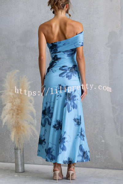Floral Print Elegant Mesh Off-shoulder Fitted Maxi Dress