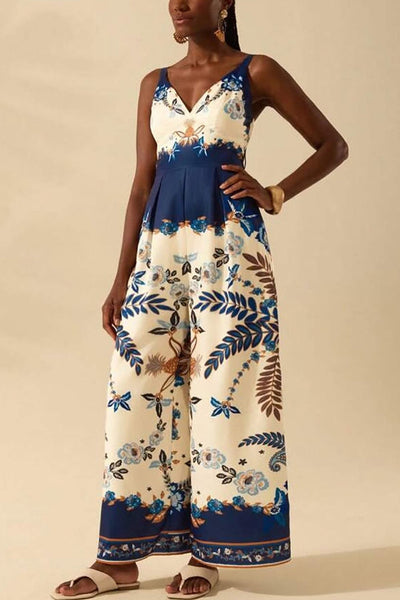 Bohemian Style Plant Print Casual Sling Holiday Loose Jumpsuit
