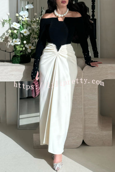 Stylish Pearl-embellished Elegant Off-shoulder Long-sleeved Draped Maxi Dress