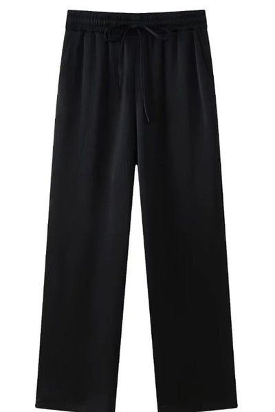 Fashionable Pleated Elastic Waist Tie Casual Pocket Wide-leg Pants