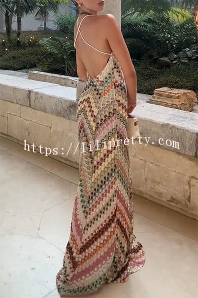 Missoni Summer Knit Colorful Herringbone Print Open Beck Maxi Dress