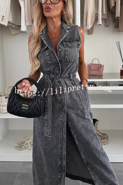 Solid Color Sleeveless Single Breasted Waist Tie Casual Pocket Denim Midi Dress
