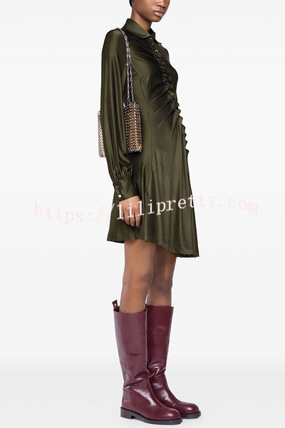 Marvis Button-embellished Long Sleeve Asymmetrical Drape Shirt Midi Dress