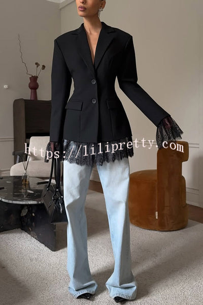Solid Color Lace Panel Long Sleeve Button Elegant Blazer