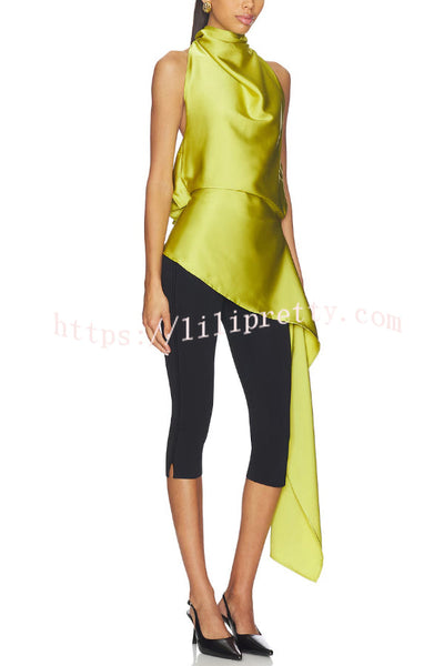Misty Aura Satin Halter Tie-up Neck Open Back Drape Hem Top
