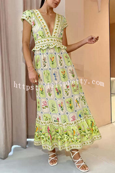 Botanical Floral Print V-neck Short-sleeved Backless Vacation Maxi Dress