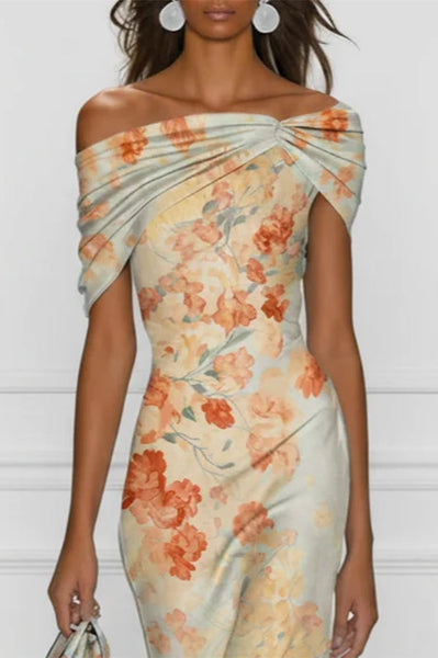 Floral Off-shoulder Sleeveless Fishtail Midi Dress