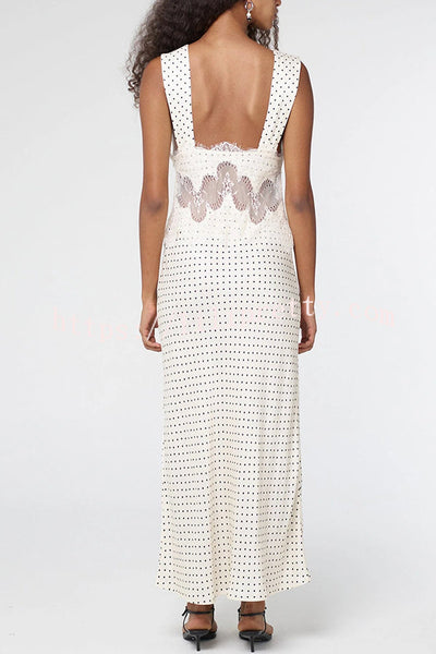 Wonderful Fusion Satin Lace Trim Poka Dot V-neck Drape Maxi Dress