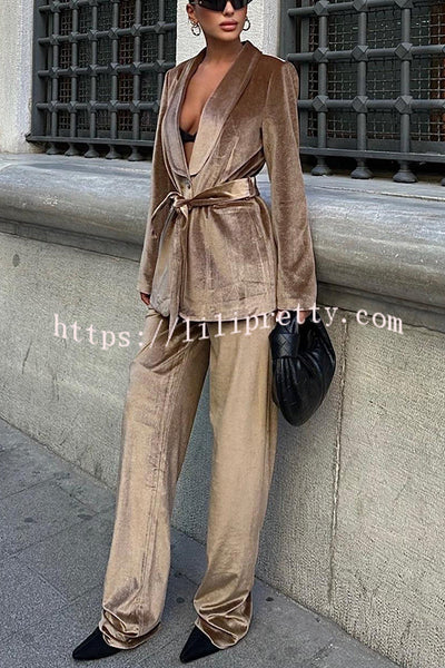 Cool Girl Energy Velvet Long Sleeve Belted Lapel Coat and Elastic Waist Pocketed Loose Pants Set