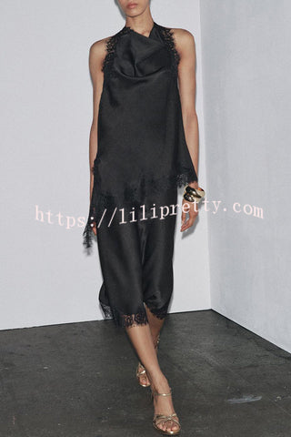 Dolly Satin Lace Trim Mid Rise Slit Drape Midi Skirt