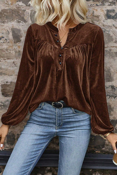 Solid Color Velvet V-neck Long-sleeved Loose Button Top