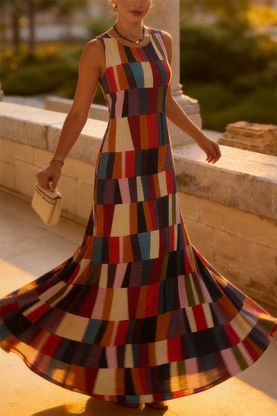 Retro Chic Linen Blend Colorful Color Block Plaid Round Neck Sleeveless Maxi Dress